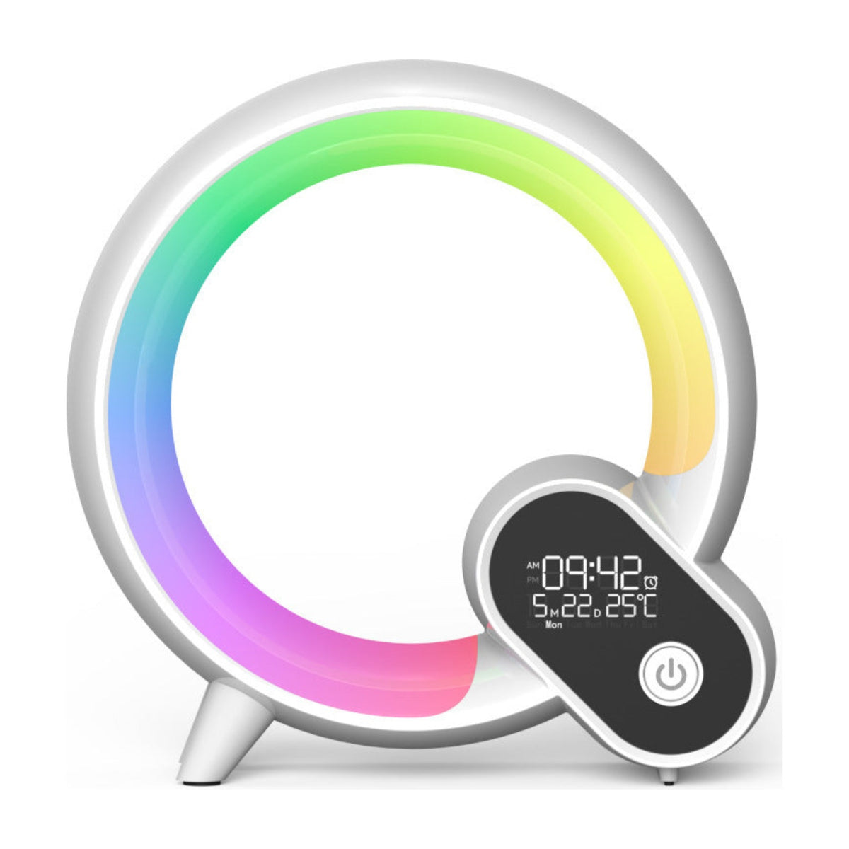 A modern circular smart home device with a white frame and a colorful RGB light ring, featuring a small digital display on the front showing the time and temperature, set against a plain white background.
