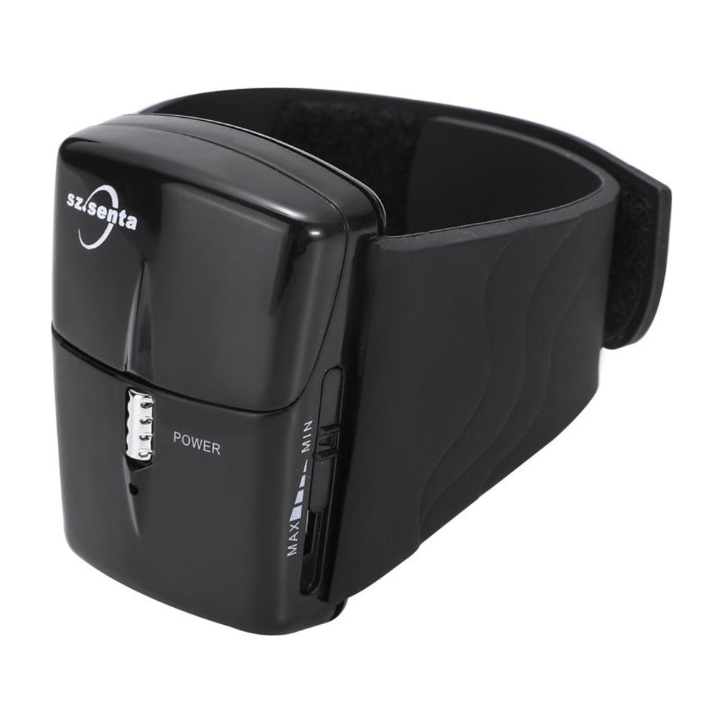 Black wrist-type electric sleep massager with adjustable strap, power button, and speed control dial, sz-senta brand logo on front panel.