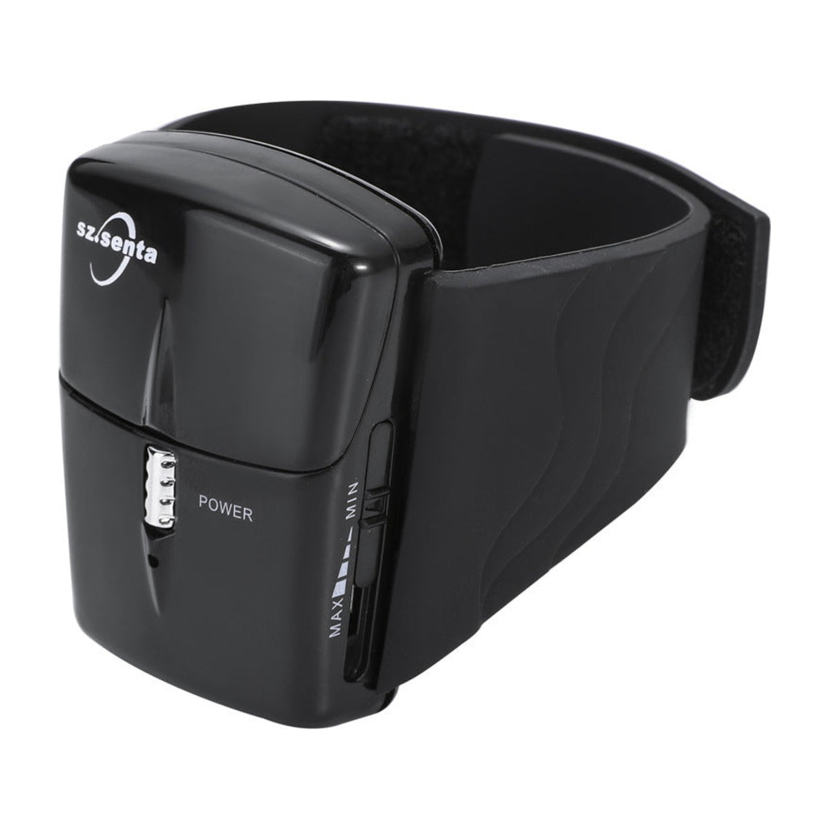Black wrist-type electric sleep massager with adjustable strap, power button, and speed control dial, sz-senta brand logo on front panel.