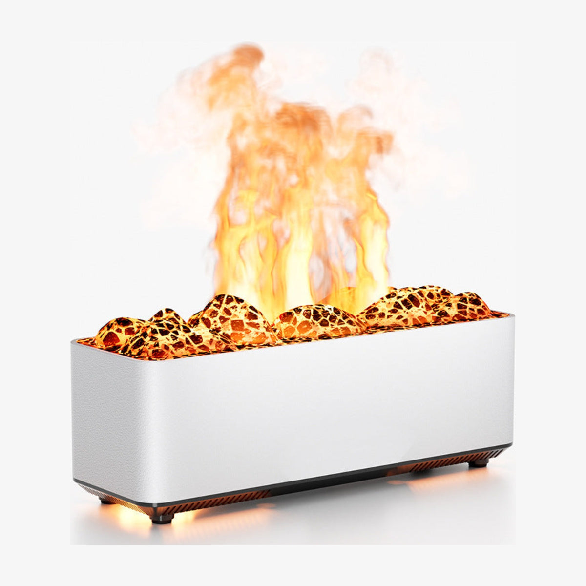 A rectangular modern fire pit with a brushed silver metal body, filled with glowing orange and yellow faux flames and decorative stones, set against a clean white background.