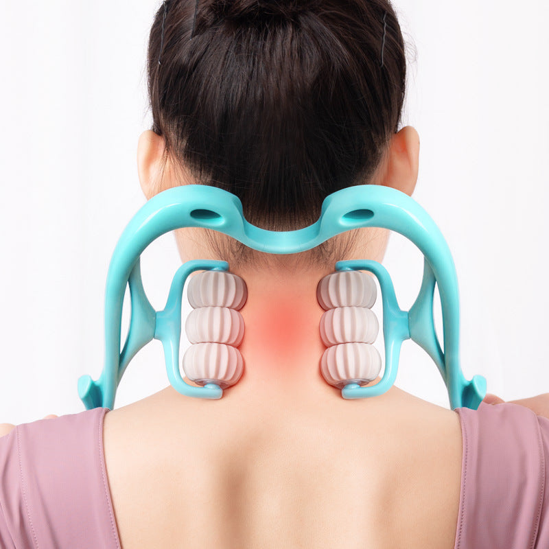 Woman using teal SixPoint manual neck and shoulder massager, rear view