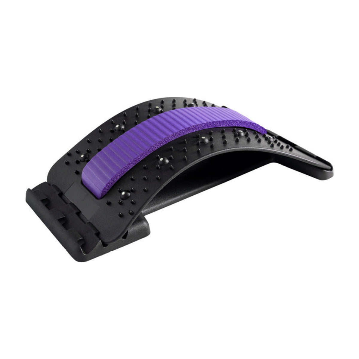 A black curved silicone strap with raised textured nubs and a central purple ribbed grip strip, shown on a plain white background.