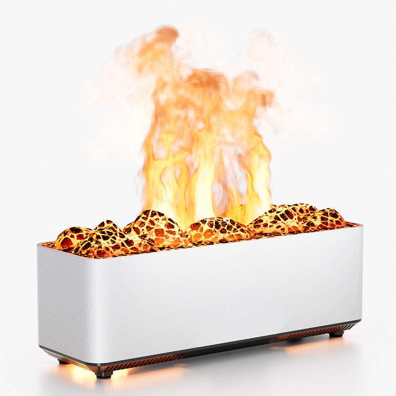 White Volcano Flame aroma diffuser humidifier with realistic flame-effect mist
